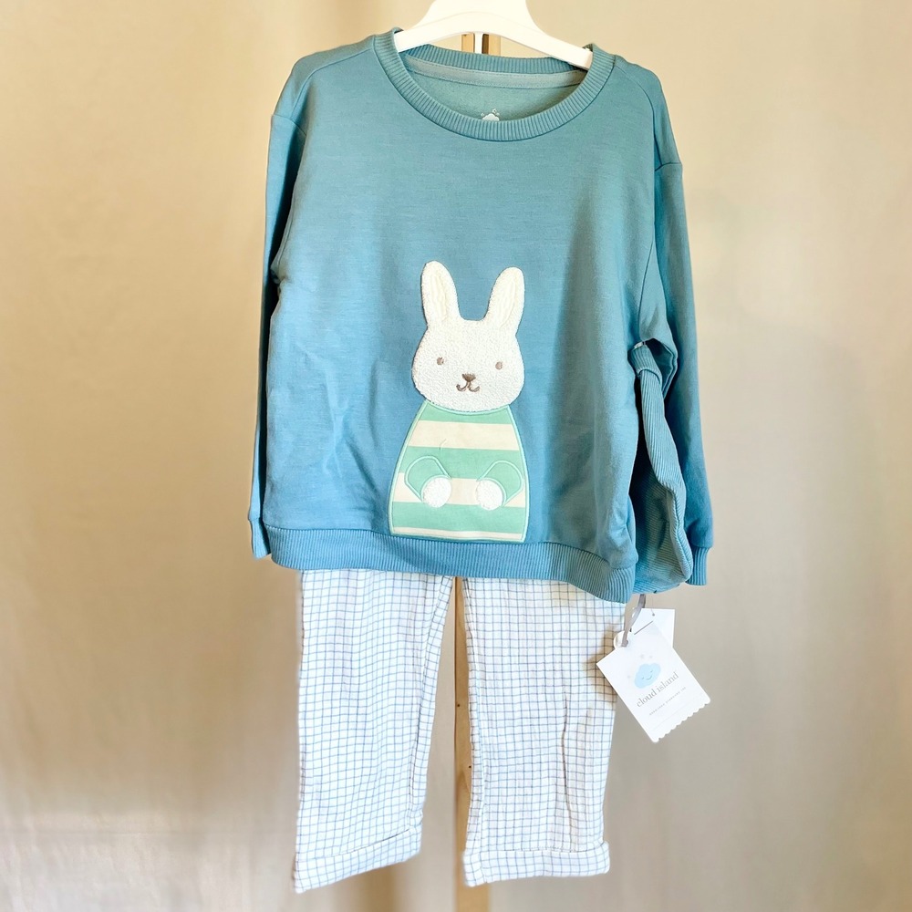 Cloud Island Kids Bunny Applique Sweatshirt and Windowpane Pants Set Teal